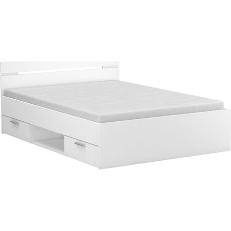 Pegane – Lit adulte avec tiroirs blanc mat 140x190 cm – Rangement intégré – Dimensions 144,1 x 74,2 x 194,7 cm – Panneaux agglomérés (1/4)