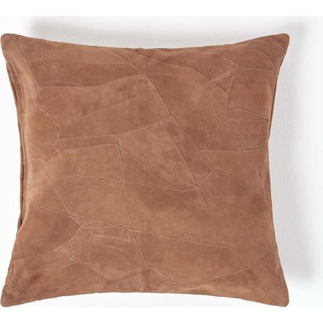 HOMESCAPES Tan Brown Real Leather Suede Cushion with Feather Filling (1/5)