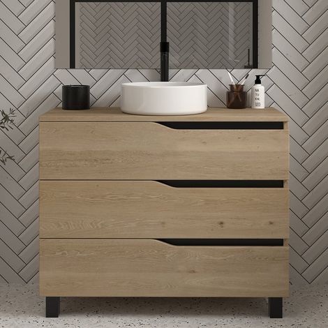 Meuble de salle de bain 90cm avec plateau et vasque à poser - 3 tiroirs - sans miroir - madera miel (chêne clair) - MATA (1/4)