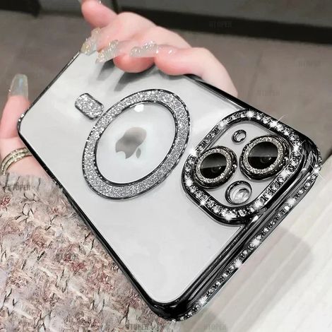 (iPhone 15 Plus, Noir) Coque transparente en cristal étincelant pour iPhone avec prise en charge de la recharge sans fil magnétique MagSafe.
