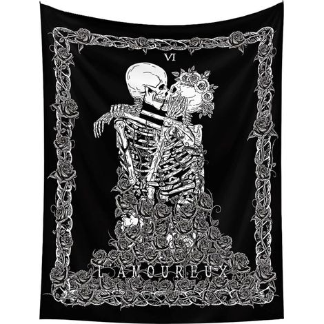 Totenkopf-Tapisserie, Wandbehang, Liebhaber-Küsse-Tapisserie, Wandbehang, schwarz, Tarot-Tapisserie, Skelettdecke, Stoffdekoration für Schlafzimmer, Wohnzimmer, 73 x 95 cm  - Crezuo