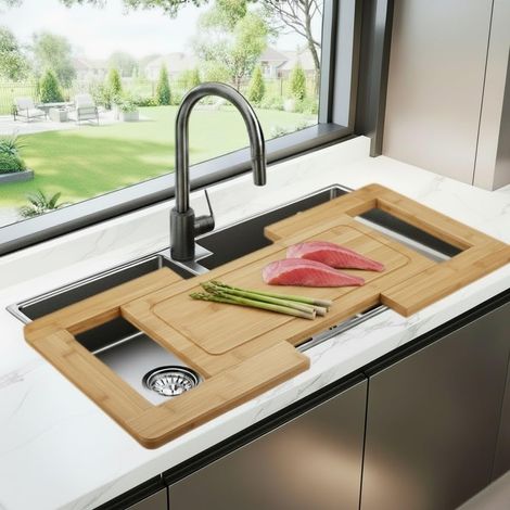 Kitchen Sink Chopping Board - Extendable Kitchen Sink Cutting Board with Drip Tray, Bamboo Cutting Board, Extra Large Cutting Board, Mounted Cutting Board (1/5)