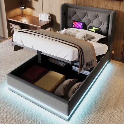 Bett Einzelbett Stauraum 90x200 Baumwolle Grau OKMYHOME (1/5)