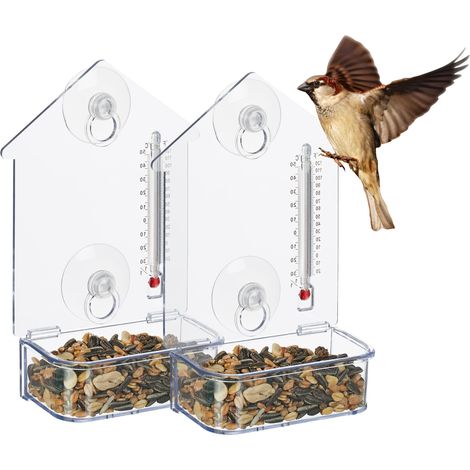 Relaxdays Set of 2 Window Bird Feeder, 2 Suction Cups, Feeding Station with Thermometer, 17 x 11.5 x 5 cm, Transparent