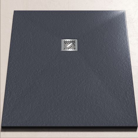 doporro Duschwanne Duschtasse 80x100x3cm aus Mineralguss in Anthrazit Rechteckig DIN-Anschlüsse für bodenebene Montage geeignet Geoma 09