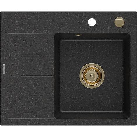 Mexen Ben Granitspüle 1-Becken mit Abtropffläche, rechts 600 x 500 mm schwarz/silber metallic Siphon gold - 6523605000-73-G (1/5)
