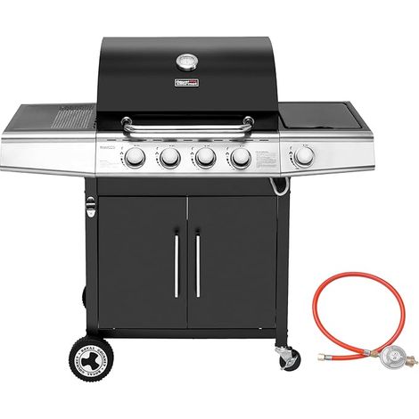 Gasgrill 4+1 Brenner Grillwagen mit automatischer Zündung,integriertem Thermometer und Unterschrank Edelstahl Brenner mit 14,5 kW Camping Gasgrill für Outdoor Barbecue Schwarz Royal Gourmet
