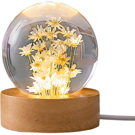 USB-LED-Kugelleuchte mit gelber Kristall-Löwenzahnblüte auf Holzsockel – Nachtlicht mit sanftem Licht (6 cm) (1/2)