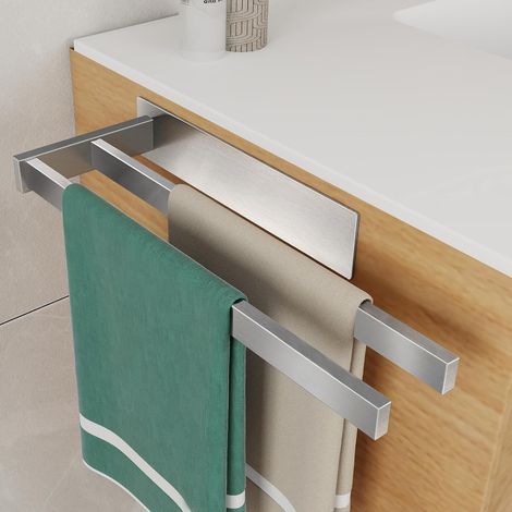 Porte-serviettes double sans perçage - Porte-serviettes mural en acier inoxydable brossé argenté - Porte-serviettes d'invités sans perçage - Barre porte-serviettes autocollante pour cuisine (1/5)
