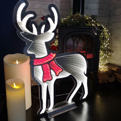 60cm Infinity Light up Standing Christmas Reindeer Decoration with White & Red LEDs on Metal Base (1/4)