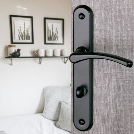 Ouvre&Déco – Lot de 2 poignées de porte EVA – Aluminium noir mat – Verrou de condamnation – Entraxe 195 mm pour salles de bains (1/4)