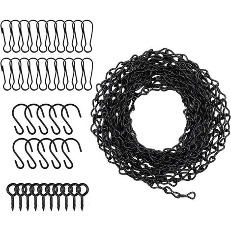 Verstellbare 500 cm lange Aufhängekette mit 10 Haken, 20 Clips und 10 Ösen aus schwarzem Stahl (1/4)