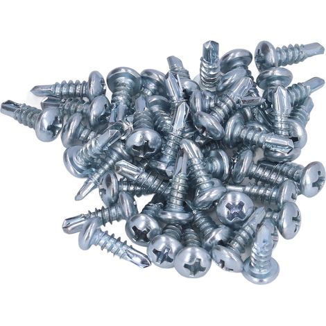 Lot de 50 vis à bois autoforeuses tête ronde, acier carbone zingué, 4,2x13mm, cruciformes, pour métal et bois, visserie professionnelle robuste. (1/5)