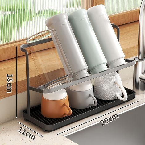 Porta tazze murali a due livelli con sistema di drenaggio – Supporto per tazze inclinato compatto giapponese, ideale per cucina, caffè e spazi limitati (nero)