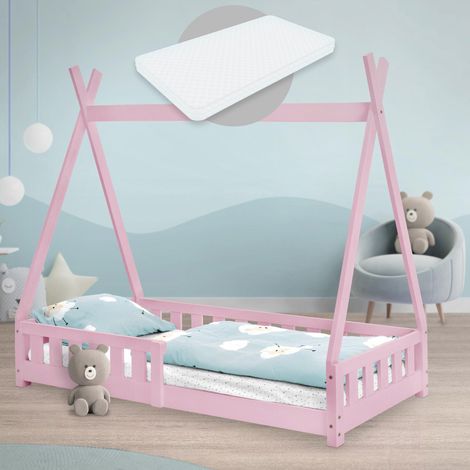 ML-Design Cama Infantil Tipi Rosa con Colchón 80x160 cm Protección Anticaída y Somier Estructura Listones de Madera Maciza de Pino para Niño Forma de Casa Cuna Juvenil con Reja Juego Lecho de Suelo (1/5)
