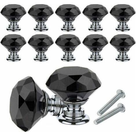 BARKBUSTERSCrystal Furniture Knob, 10Pcs Diamond Crystal Knobs, 30mm Door Knob for Furniture Drawer Cupboard with Screws for Home Office, Dresser, Kitchen and more (Black)
