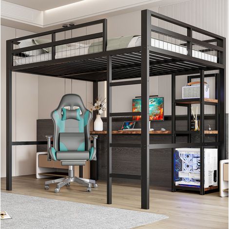 Bett Hochbett modern 140x200 cm Metall schwarz mit Schreibtisch, Regalen, Steckdose mit USB und Type-C, Leiter mit Gelander (1/5)
