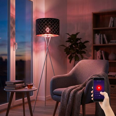 Lampadaire intelligent abat-jour textile noir or lumière latérale 3 pieds trépied dimmable, contrôle par application CCT, 1x LED RVB 8,5W 806Lm, DxH 62x158 cm (1/5)