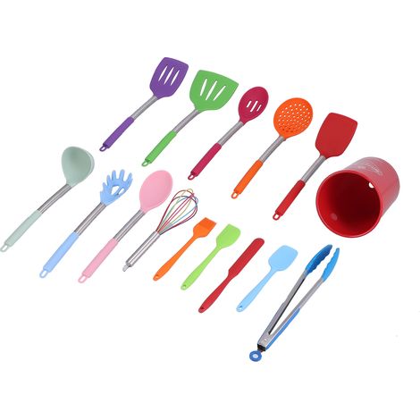 Ensemble de 15 ustensiles de cuisine en silicone avec manche en acier inoxydable (seau rouge, ustensiles de cuisine colorés) (1/5)