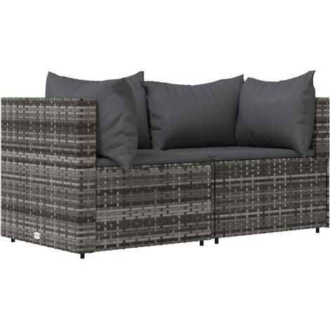 Ecksofa für den Garten mit 2 Kissen, grau, aus Geflecht