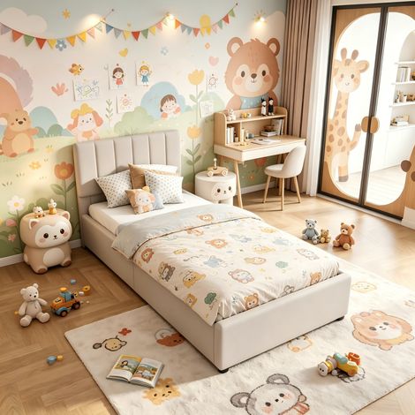Lit enfant simple de rangement 90x200 cm, Lit 1 Places en hydraulique,  Cadre de lit d'Ado, tête de lit et réglable en Hauteur, Beige, lin, pour adolescents et enfants, sans matelas (1/5)