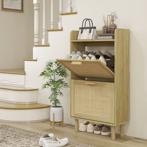 Meuble à chaussures style bohème avec 2 tiroirs abattants et 1 étagère ouverte pour 12 paires de chaussures, 80 x 24,5 x 110 cm, chêne
