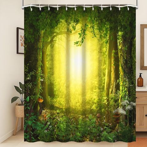 Conte de fées Rideau de Douche forêt Fantastique Jungle des Bois Rideau de Salle de Bain Paysage Naturel Rideau de Douche Lever de Soleil Tissu imperméable et Lavable en Machine 120x180cm (1/5)
