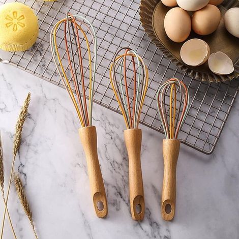 Set mit 3 Silikon-Handmixern mit Buchenholzgriffen, Schneebesen und Sahnerührern, Gebäckwerkzeug - Crezuo