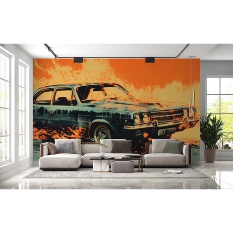 Papier peint voitures - voiture rétro américaine sur fond orange - 150 x 250 cm (1/2)