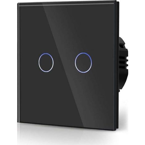 Interrupteur Tactile Normal Commutateur d'éclairage Mural Compatible avec la lumière LED Écran Tactile en Verre 110V-240V Plaque de Cristal Trempé avec Rétroéclairage Bouton 2 Gang 2 Voie Noir (1/4)