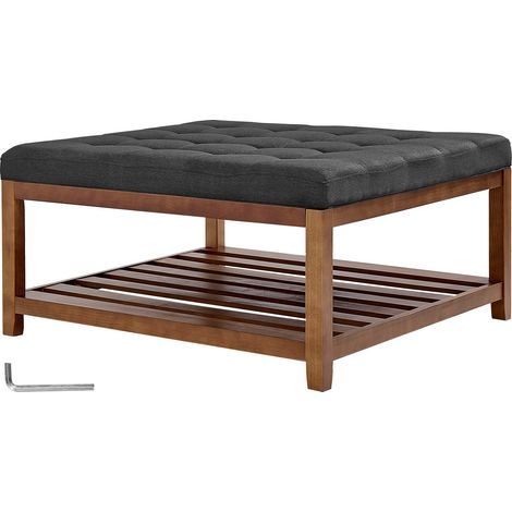 Mophorn Tavolino da caffè quadrato 875 x 875 x 445 mm con ripiano portaoggetti in legno massello, poggiapiedi in lino ideale per camera da letto, capacità di carico 181,44 kg, colore grigio scuro