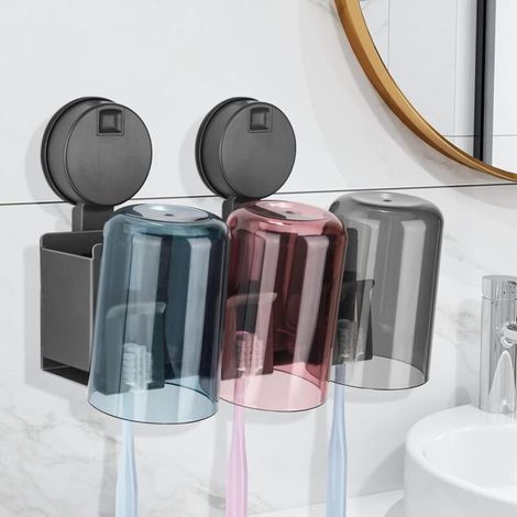 Porte Brosse à Dents Mural [Ventouse Amovible sans Perçage], Alliage d'Aluminium Support Gobelet Brosse à Dent Salle de Bain, avec 3 Compartiments, 3 Support et 3 Gobelets pour Bain de Bouche (1/4)
