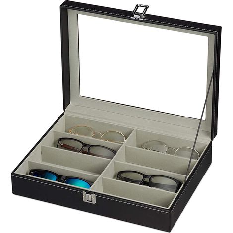 Boite De Rangement Pour Lunettes - 8 Compartiments - Cuir Pu Noir - Avec Couvercle Acrylique Transparent - 33,5 X 24,5 X 7,5 Cm (1/5)