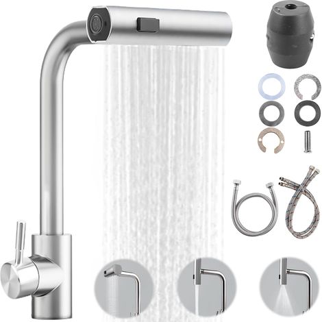 Robinet de cuisine extensible avec douchette extractible, mitigeur d’évier extensible à levier unique, 3 modes, 1 trou pivotant 360°, haute pression cascade, brossé (1/5)