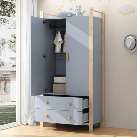 Armoire 2 portes avec tringle et 2 tiroirs, 89,6 x 44 x 180,5 cm, bleu et pin DESVIAE (1/5)