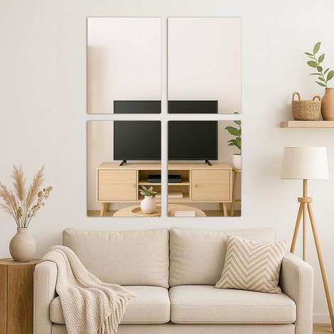 Lot de 4 miroirs muraux auto‑adhésifs rectangulaires sans cadre 30 x 40 cm, miroirs collants en verre pour salle de bain, chambre, salon et garde‑robe (1/5)