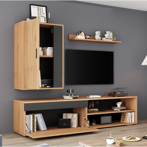 MEUBLIV mueble TV 140 x 35 x 39 cm madera y negro - 3 piezas con almacenaje mural (1/5)