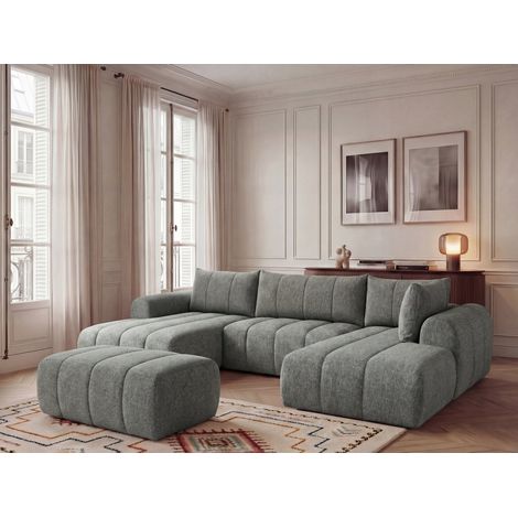 BOBOCHIC - Canapé panoramique fixe NESTY tissu chiné avec pouf Angle gauche  Gris foncé