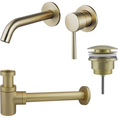 FugaFlow Eccelente Sobrado Slim Slim Kit mitigeur lavabo - robinet encastrable - bonde clic clac - siphon design bas - PVD Laiton brossé (1/4)
