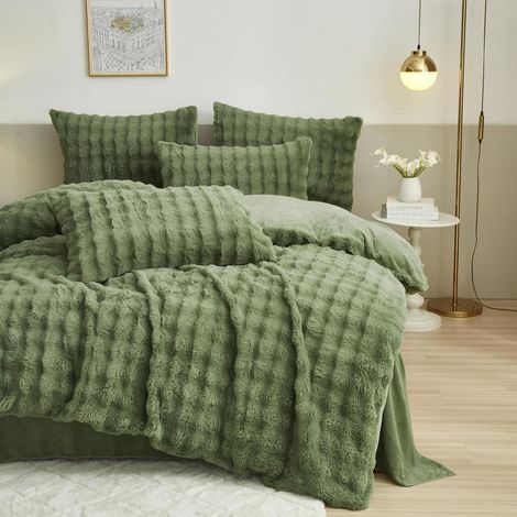 Bettwäsche 155x220cm Flauschig Plüsch Grün mit Reißverschluss 3-teilig