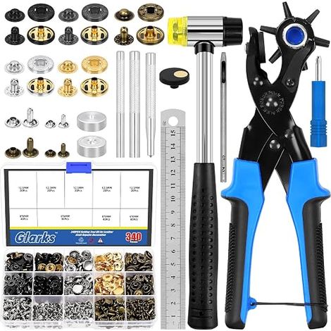 Kit d'outils de perforation du cuir, perforateur de ceinture réglable avec 240 rivets en cuir, 100 boutons pression en cuirs et marteau en caoutchouc, poseur de rivets pour cuirs (1/5)