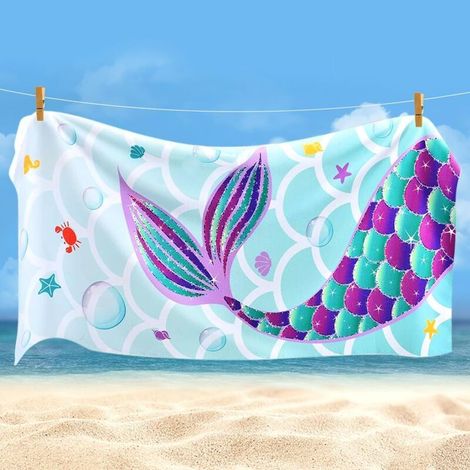 Meerjungfrauen-Strandtuch, 70 x 150 cm Mikrofaser-Stranddecke, schnelltrocknendes Badetuch für Kinder, leichtes und dünnes tragbares Saunatuch für Mädchen (1/5)