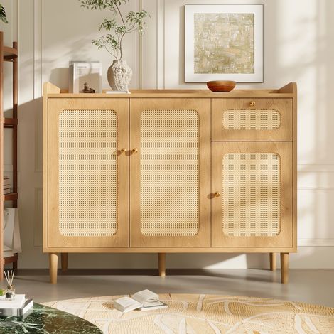 Buffet 120x40x91cm rotin tressé, aspect chêne, 3 portes,1 tiroir, charnières fermeture amortie, meuble salon cuisine entrée (1/5)