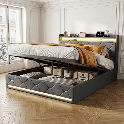 Lit Coffre 160x200 cm, Espace de rangement hydraulique, Tête de Lit avec Station de Charge Sans Fil en Prise USB,Éclairage RGB Réglable, Lit Capitonne (1/5)