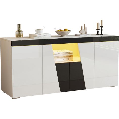 Buffet de salon, 4 portes, un compartiment de rangement ouvert, avec éclairage LED, finition brillante, bloc-tiroirs moderne, blanc (1/5)