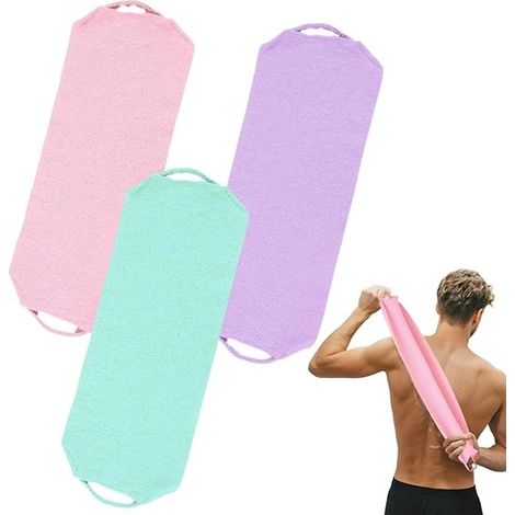 Toallas de baño, 3 piezas, 45 x 20 cm, Plegables, Ideal para eliminar células muertas de la piel e impurezas, Rosa, morado, verde (1/5)