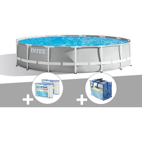 Intex – Piscine tubulaire ronde 4,57 m x 1,07 m – Volume 14,6 m³ – Épurateur 2,7 m³/h – Bâche à bulles incluse – Échelle de sécurité (1/2)