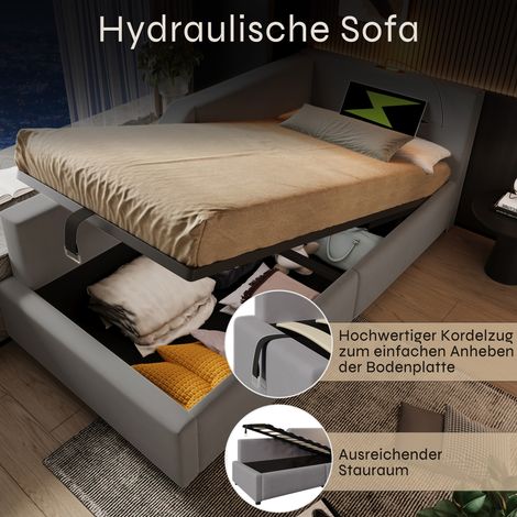 Lit capitonné 90x190 cm convertible avec coffre hydraulique, canapé d'appoint pour enfant et ado, sommier en bois, lampe LED et port USB-C, tissu velours gris (1/5)