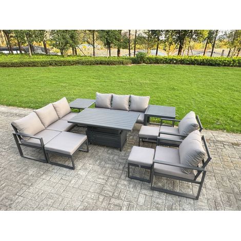 Fimous 10 Piece Garden Furniture Set 11-Seater Aluminium Outdoor Dining Set with Adjustable Rising Lifting Dining Table & Cushions 2 Side Tables 3 Footstools Dark Grey (1/5)