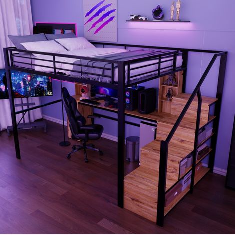 Letto a soppalco 140x200 cm nero in metallo e MDF con scrivania, armadio, scale contenitore e porta USB (1/5)